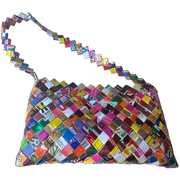 Novelty Pattern Candy Wrappers Multicolored Shoulder Purse 6.5" Tall - Picture 1 of 14
